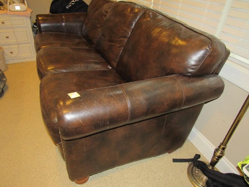 Brown Upholstered Leather Couch Pin Trim/Rolled Arms, Bud Wood Feet