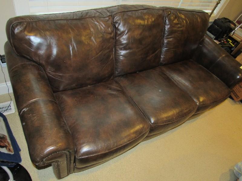 Brown Upholstered Leather Couch Pin Trim/Rolled Arms, Bud Wood Feet