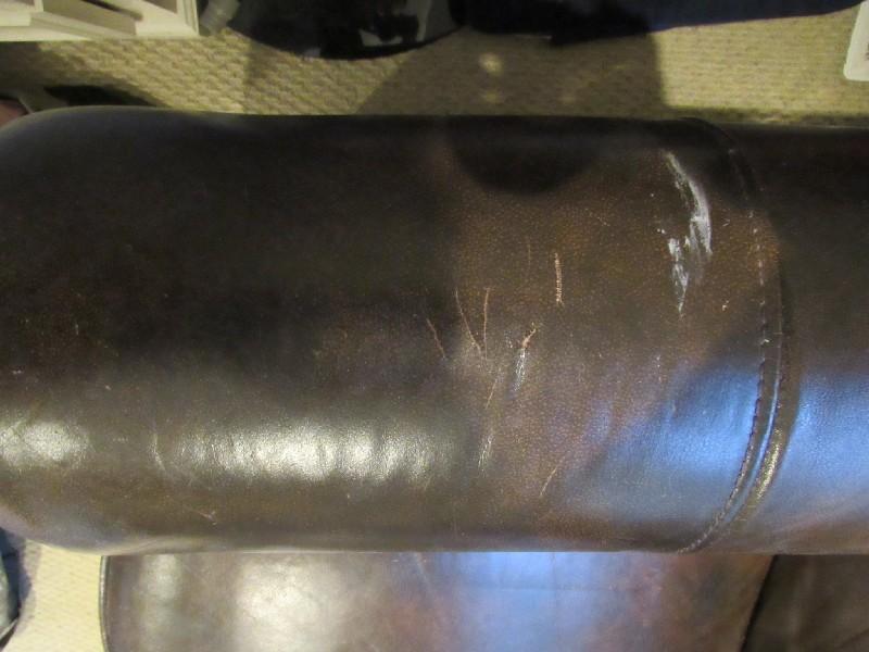 Brown Upholstered Leather Couch Pin Trim/Rolled Arms, Bud Wood Feet