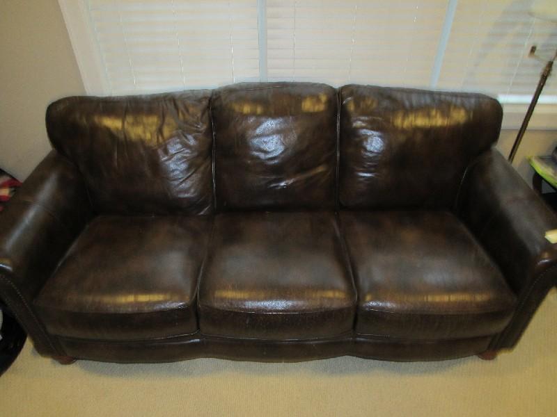 Brown Upholstered Leather Couch Pin Trim/Rolled Arms, Bud Wood Feet