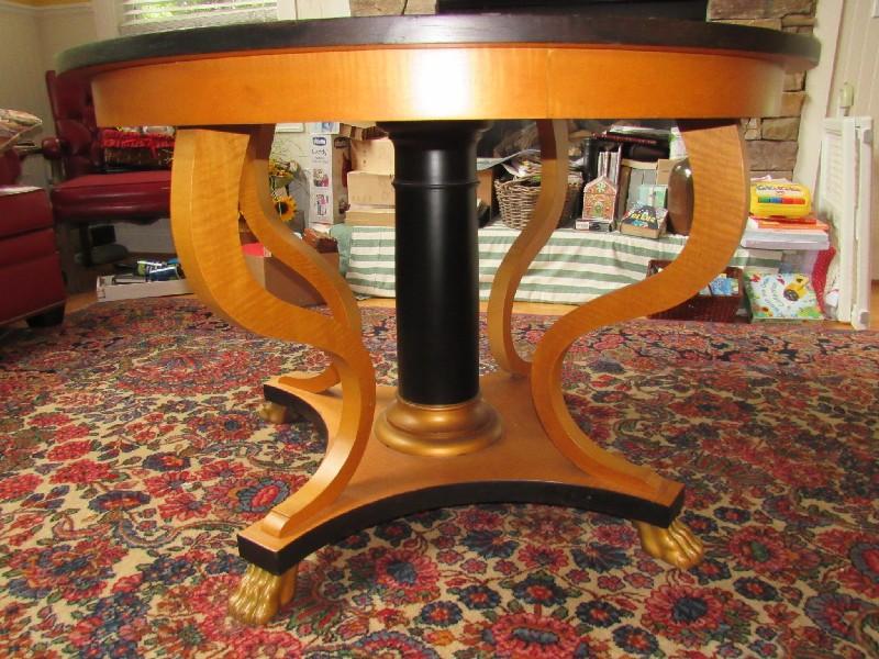 BAKER Wooden Furniture Round Top Table w/ Curved Legs, Black Plinth Center to Wood Base