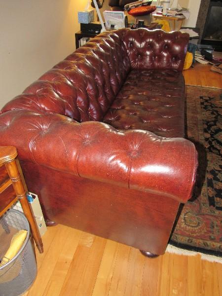 Old Colony -Red/Brown Leather Pin Seat/Back Couch Rolled Arms, Dark Wood Pad Feet, Pin Trim