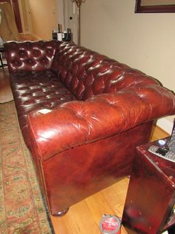 Old Colony -Red/Brown Leather Pin Seat/Back Couch Rolled Arms, Dark Wood Pad Feet, Pin Trim