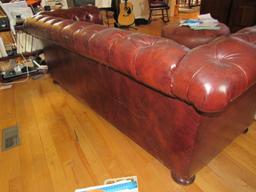 Old Colony -Red/Brown Leather Pin Seat/Back Couch Rolled Arms, Dark Wood Pad Feet, Pin Trim