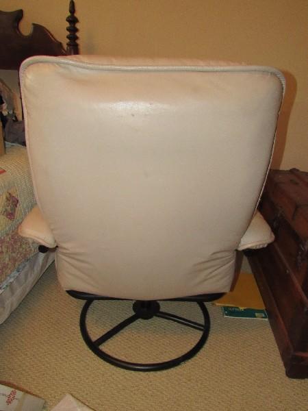 Tan Upholstered Chair Pin Seat/Back w/ Black Metal Curved Arms/Base