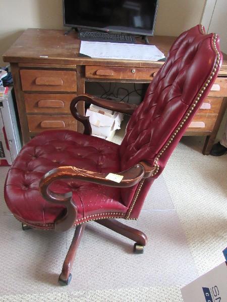 Lovely Red Leather Upholstered Pin Back/Cushion Desk Chair w/ Pin Sides, Scroll Wooden Arms