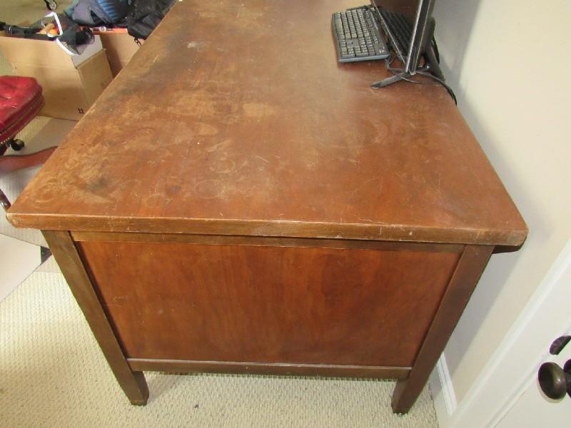 Vintage Wooden Work Desk 7 Drawers w/ Wood Pulls, 2 Letter Pull Out Shelves