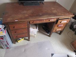 Vintage Wooden Work Desk 7 Drawers w/ Wood Pulls, 2 Letter Pull Out Shelves