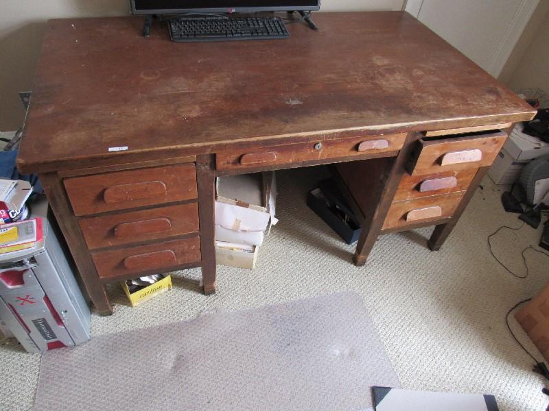 Vintage Wooden Work Desk 7 Drawers w/ Wood Pulls, 2 Letter Pull Out Shelves