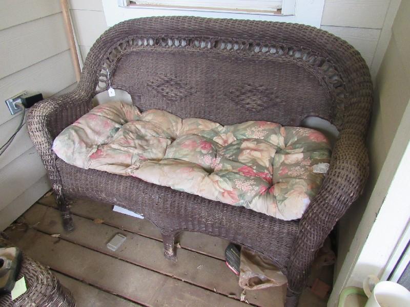 Brown Wicker Bench w/ Side Table, Bench Turned Diamond Back, Hoop Trim Arched Skirting