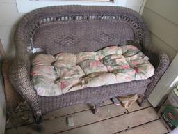 Brown Wicker Bench w/ Side Table, Bench Turned Diamond Back, Hoop Trim Arched Skirting