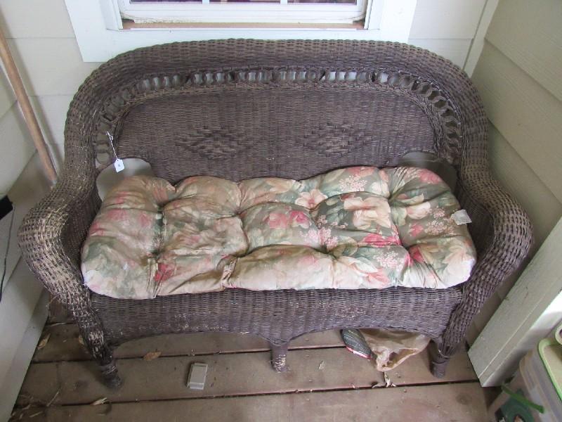 Brown Wicker Bench w/ Side Table, Bench Turned Diamond Back, Hoop Trim Arched Skirting