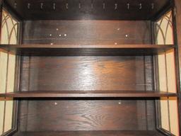 Antique Wooden Cabinet 2 Doors w/ Arch Motif Glass Front/Sides 3-Tier