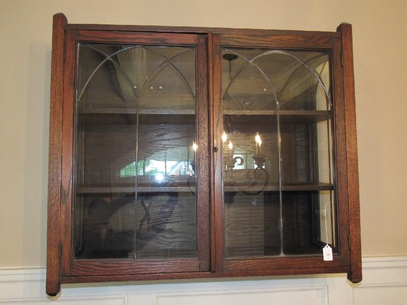 Antique Wooden Cabinet 2 Doors w/ Arch Motif Glass Front/Sides 3-Tier