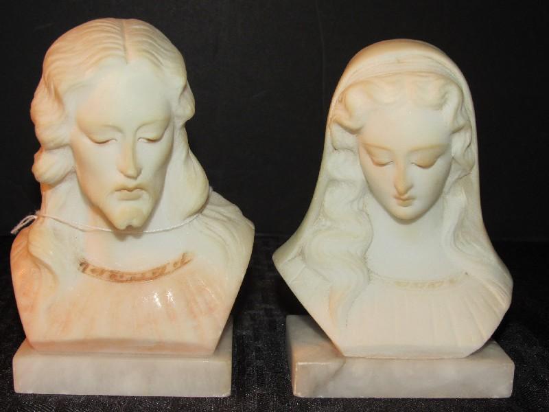 Pair - Amazing Carved Marble White Jesus/Mary