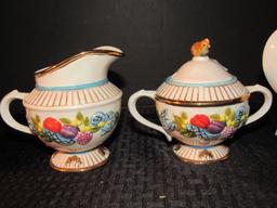 Waterford Holiday Heirlooms Ceramic Teapot, Sugar, Creamer, Fruit/Gilted Motif, Teapot