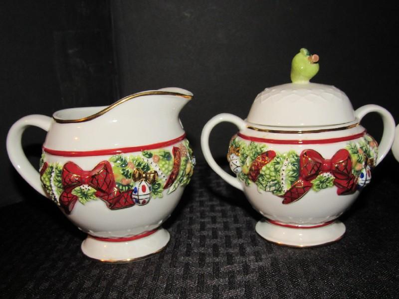 Waterford Holiday Heirlooms Ceramic Teapot, Sugar, Creamer, Fruit/Gilted Motif, Teapot