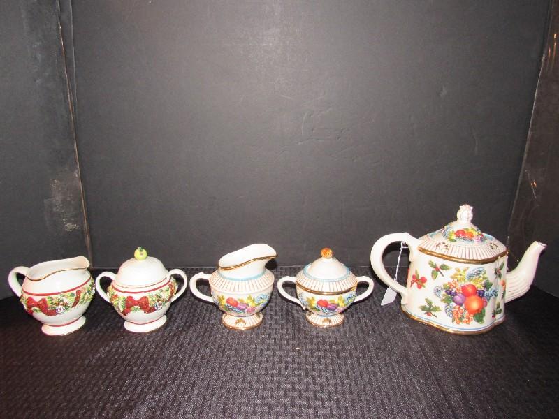 Waterford Holiday Heirlooms Ceramic Teapot, Sugar, Creamer, Fruit/Gilted Motif, Teapot