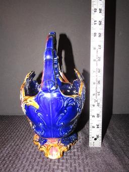 Ornate Gilted/Scroll Design Ceramic Blue/Colorful Motif Planter w/ Handle