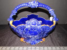 Ornate Gilted/Scroll Design Ceramic Blue/Colorful Motif Planter w/ Handle