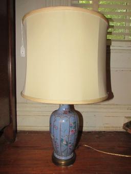 Blue Ceramic Table Lamp hand Painted Pink/White Floral Pattern w/ Tan Shade Ball Finial