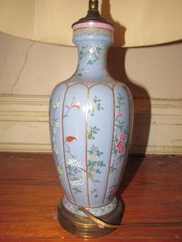 Blue Ceramic Table Lamp hand Painted Pink/White Floral Pattern w/ Tan Shade Ball Finial