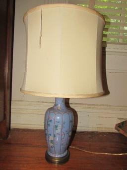 Blue Ceramic Table Lamp hand Painted Pink/White Floral Pattern w/ Tan Shade Ball Finial