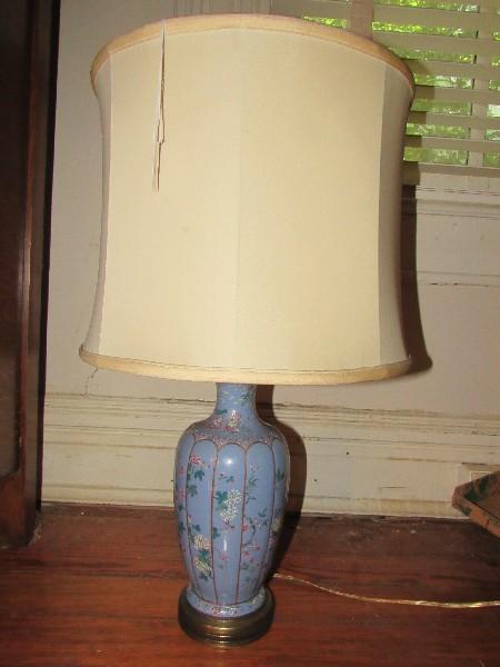 Blue Ceramic Table Lamp hand Painted Pink/White Floral Pattern w/ Tan Shade Ball Finial