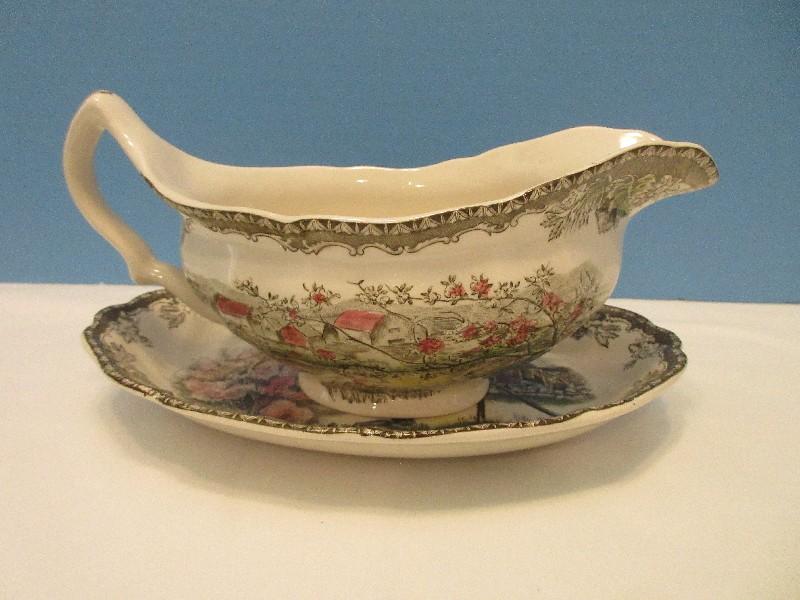 Johnson Brothers China Friendly Village Pattern Gravy Boat & The Well Underplate