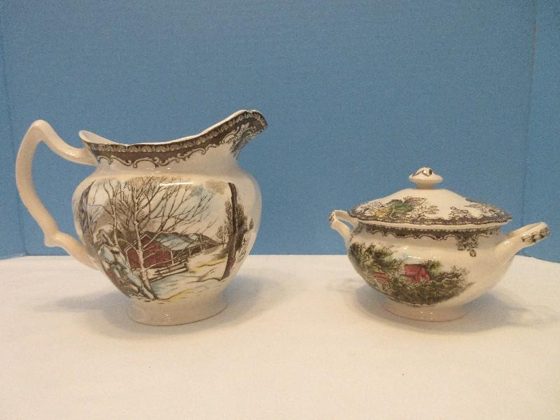 3 Pieces - Johnson Brothers China Friendly Village Pattern 4" Covered Sugar Bowl