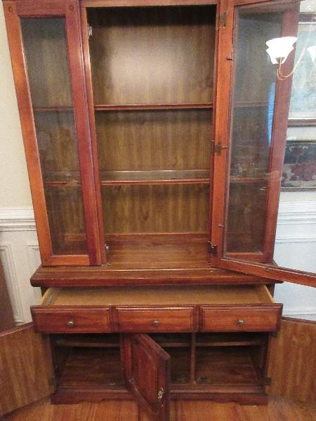 Lenoir Broyhill Furniture Knotty Pine Lighted China House by Cabinet w/ Glass Shelves on Base