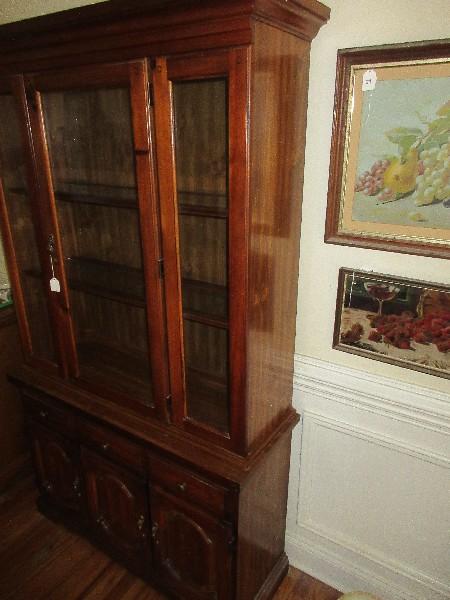 Lenoir Broyhill Furniture Knotty Pine Lighted China House by Cabinet w/ Glass Shelves on Base