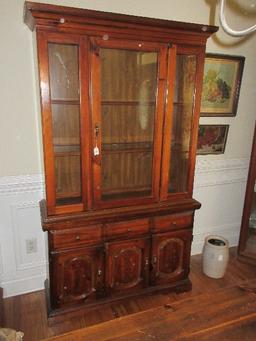 Lenoir Broyhill Furniture Knotty Pine Lighted China House by Cabinet w/ Glass Shelves on Base
