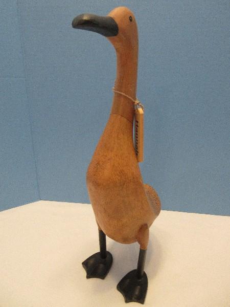 Adorable Hand Crafted Figural Hannah the Duck Natural Finish w/ Painted Black Features