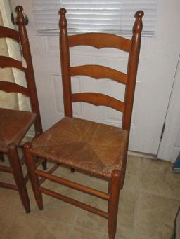 Vintage Pair - Oak Ladder Back Chairs w/ Rush Seats Finial Accent