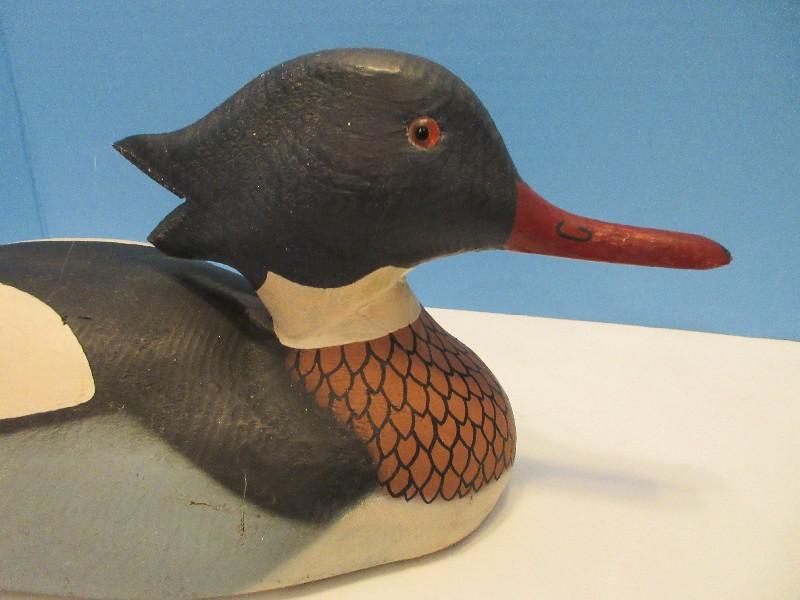 Carved Wooden Figural Duck Decoy Long Beak Hand Painted Details