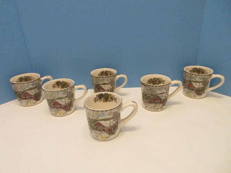 Set - 6 Johnson Brothers China Friendly Village Pattern Covered Bridge 3 1/4" Mugs