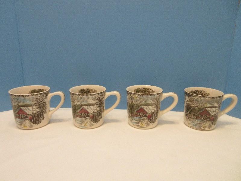 Set - 4 Johnson Brothers China Friendly Village Pattern Covered Bridge 3 1/4" Mugs