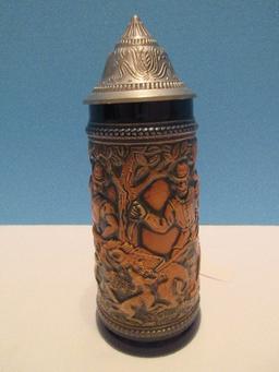 Unique German Gerz Beer Stein Hunting Wild Boar Relief Scene w/ Fox Handle & Lid