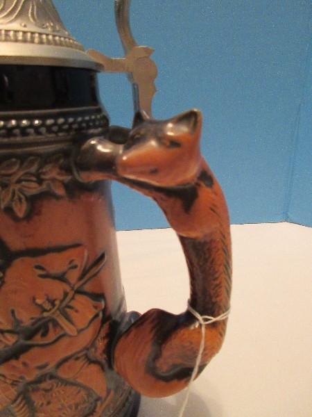 Unique German Gerz Beer Stein Hunting Wild Boar Relief Scene w/ Fox Handle & Lid