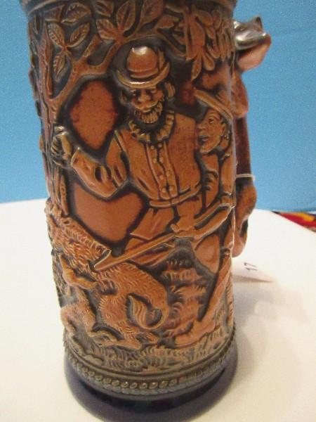 Unique German Gerz Beer Stein Hunting Wild Boar Relief Scene w/ Fox Handle & Lid