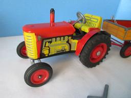 Litho Tin Awesome Schylling Tractor & Trailer Features Clockwork Wind-Up Motor