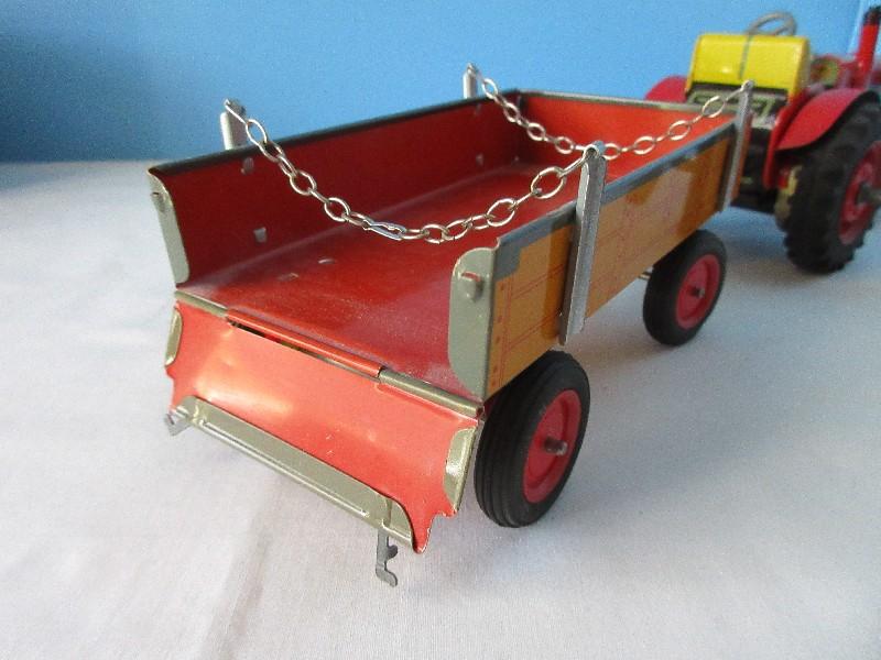 Litho Tin Awesome Schylling Tractor & Trailer Features Clockwork Wind-Up Motor