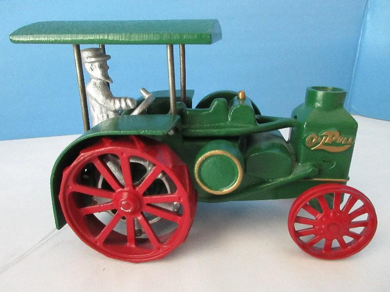 Rumely Oil Pull Cast Iron Toy Tractor Painted Green w/ Red Wheels Gilt Trim