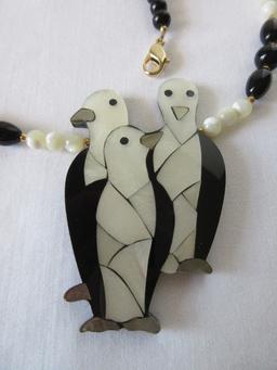 Lee Sands Mother of Pearl Inlaid Trio Penguins Necklace Black & White Polished Stone Beads