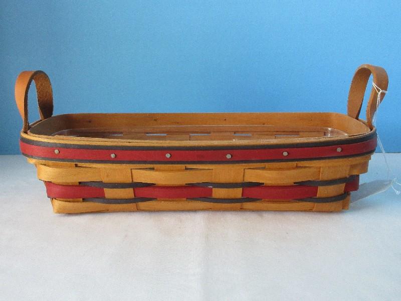 Longaberger Hand Woven Bread/Cracker Basket w/ Leather Handles & Protective Insert