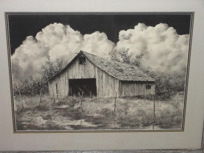 Realistic Dilapidated Barn Billowing Clouds Background Chalk Drawing '89 Artist Ragland