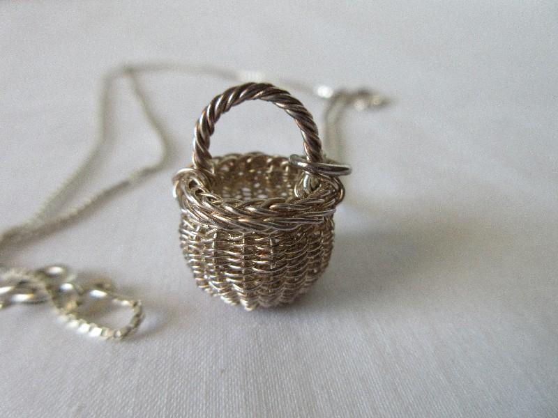 Stamped 925 Sterling Silver Box Chain Necklace w/ Woven Handled Basket Charm Pendant