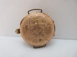 Stamped 585 = 14k Gold Early Wriest Watch lattice Flowering Vine Design