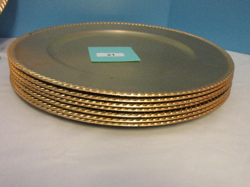 Set - 8 Home Gold Leaf Plate 14" Chargers Brushed Metal Finish Braided Style Edge